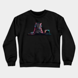 DJ Cat on the Decks – Neon Party Vibes Crewneck Sweatshirt